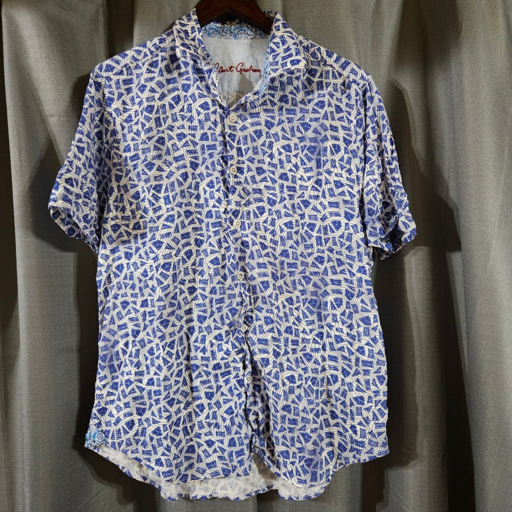 Robert Graham Mens Large Blue White Abstract Linen Cotton Short Sleeve Shirt L - Picture 1 of 8